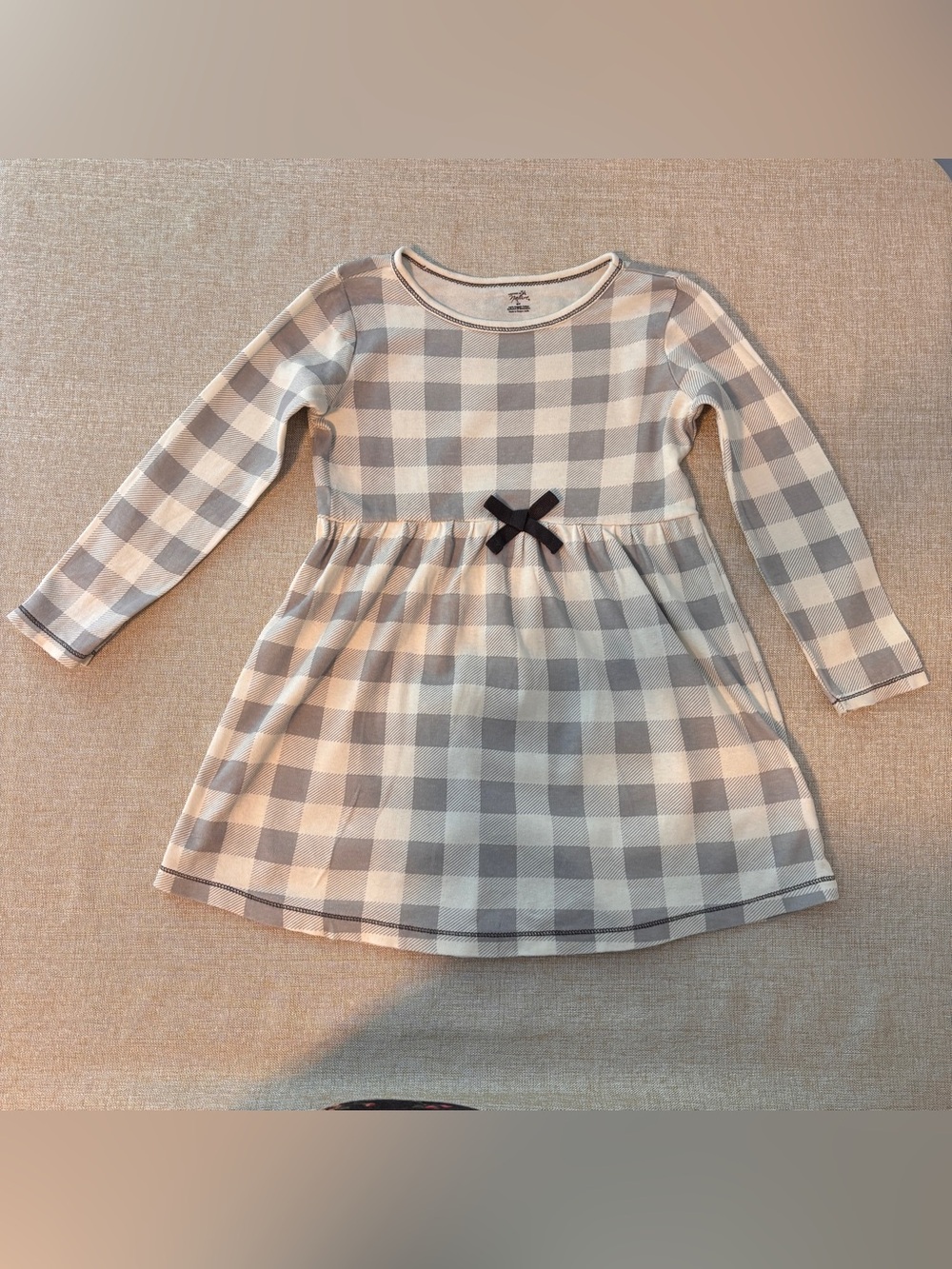 Girls' Long Sleeve Check Knit Dress with Bow - Gray & Cream
